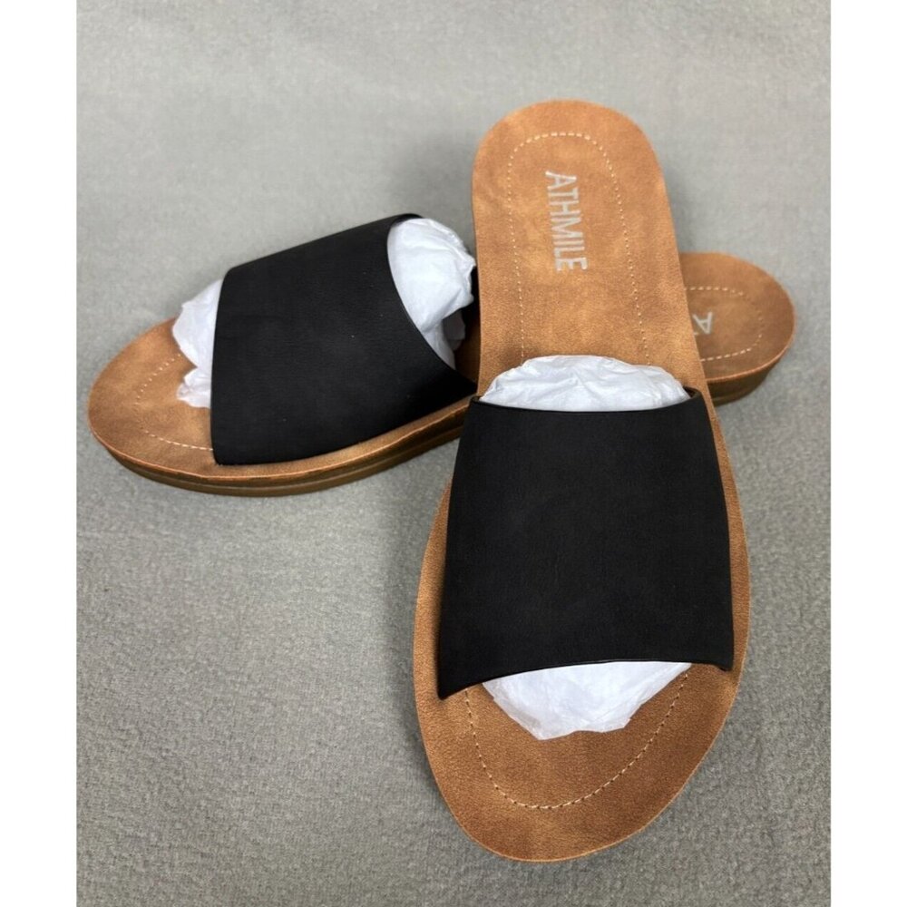 ATHMILE Women's Flats Banded Dressy Slide On Sandals Non Slip Black 6 NWOB.